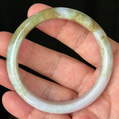Natural Certified Burmese Jadeite Jade Bangle – Icy Milky White with Moss Green and Light Brown Hues – 58.4mm – JB535