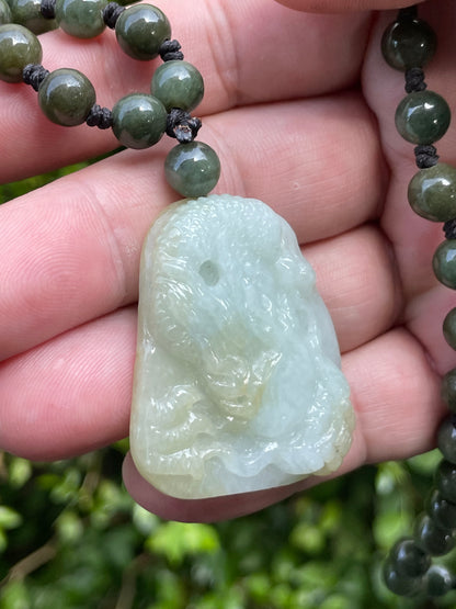 Natural Certified Burmese Jadeite Jade Pendant – Icy Light Apple Green & Yellow Hues – Hand-Carved Dragon Motif – Beaded Necklace Included – JP067