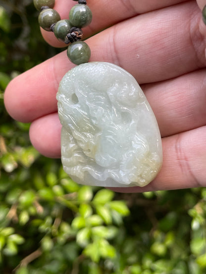 Natural Certified Burmese Jadeite Jade Pendant – Icy Light Apple Green & Yellow Hues – Hand-Carved Dragon Motif – Beaded Necklace Included – JP067