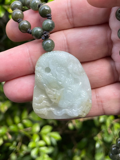 Natural Certified Burmese Jadeite Jade Pendant – Icy Light Apple Green & Yellow Hues – Hand-Carved Dragon Motif – Beaded Necklace Included – JP067