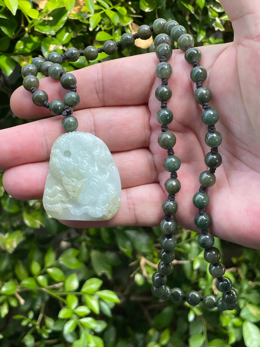Natural Certified Burmese Jadeite Jade Pendant – Icy Light Apple Green & Yellow Hues – Hand-Carved Dragon Motif – Beaded Necklace Included – JP067