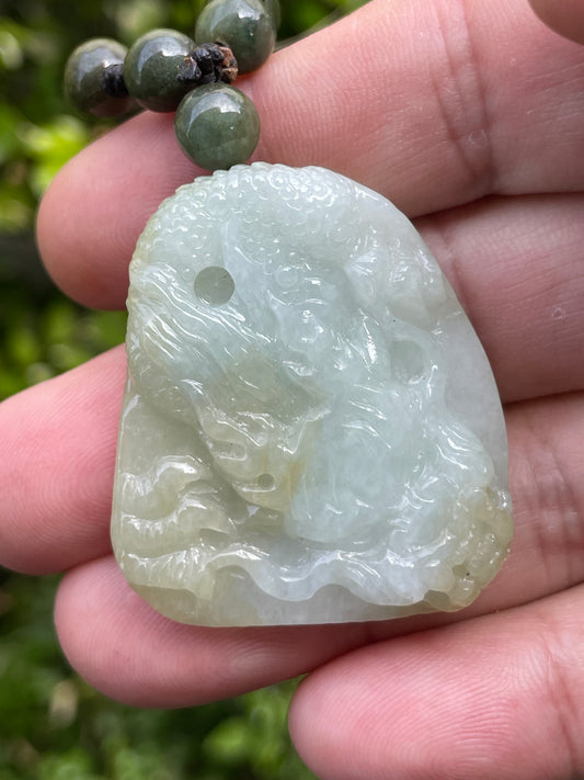 Natural Certified Burmese Jadeite Jade Pendant – Icy Light Apple Green & Yellow Hues – Hand-Carved Dragon Motif – Beaded Necklace Included – JP067