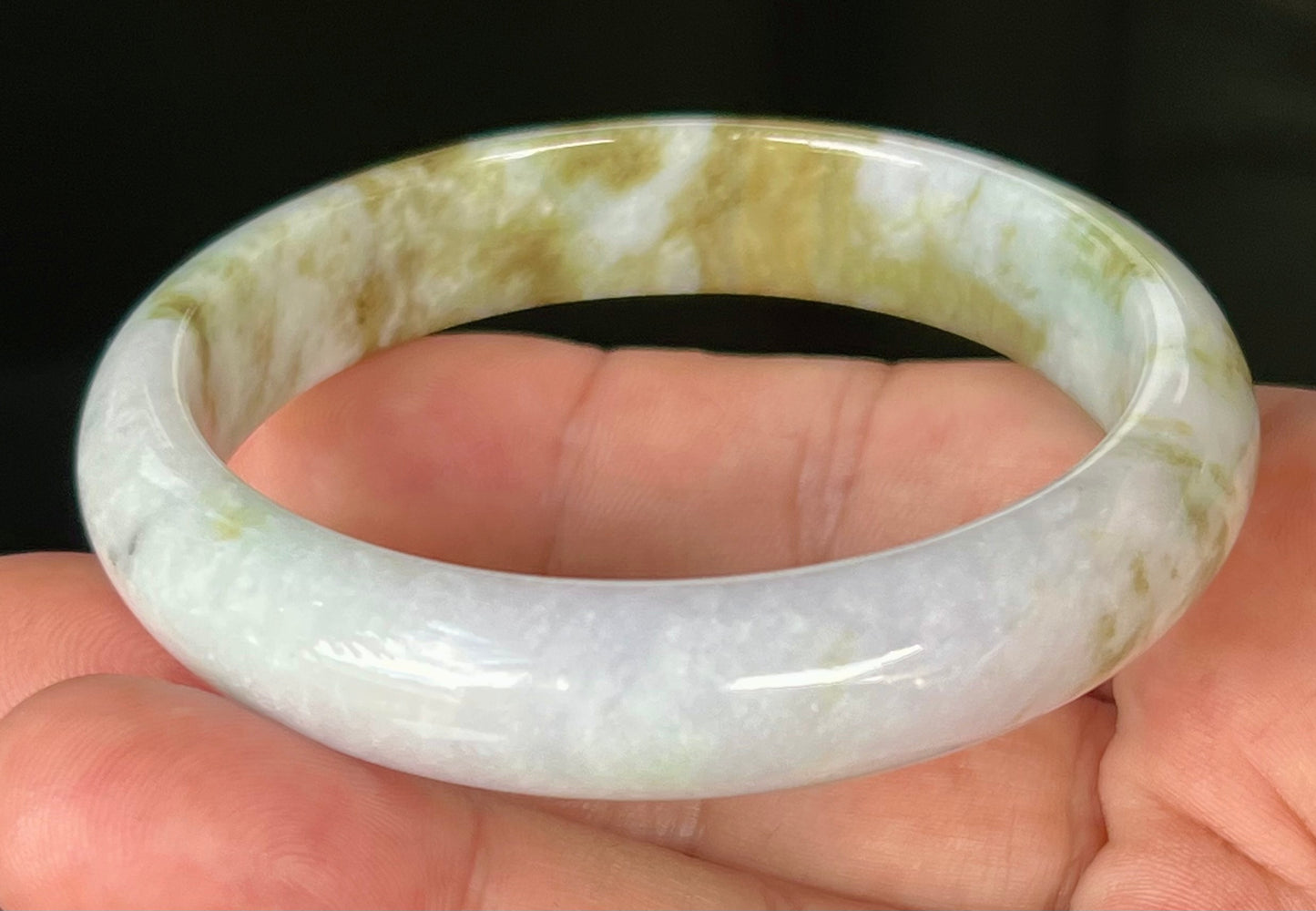 Natural Certified Burmese Jadeite Jade Bangle – Icy Milky White with Moss Green and Light Brown Hues – 58.4mm – JB535