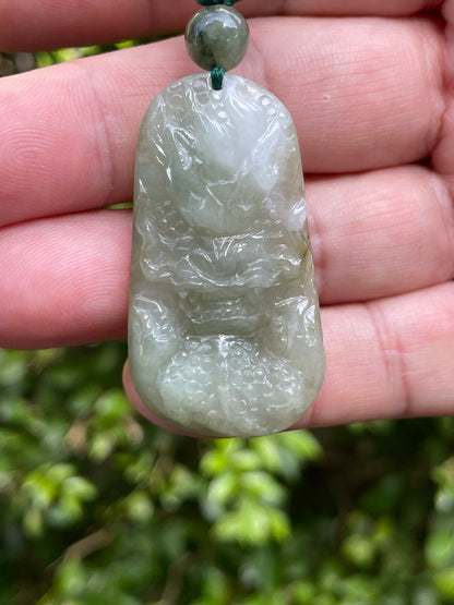 Natural Certified Burmese Jadeite Jade Pendant – Icy Apple Green & Milky White – Hand-Carved Dragon Motif – Beaded Necklace Included – JP068