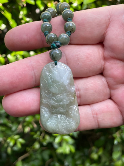 Natural Certified Burmese Jadeite Jade Pendant – Icy Apple Green & Milky White – Hand-Carved Dragon Motif – Beaded Necklace Included – JP068