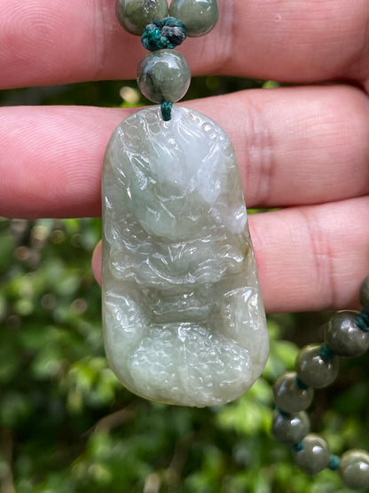 Natural Certified Burmese Jadeite Jade Pendant – Icy Apple Green & Milky White – Hand-Carved Dragon Motif – Beaded Necklace Included – JP068
