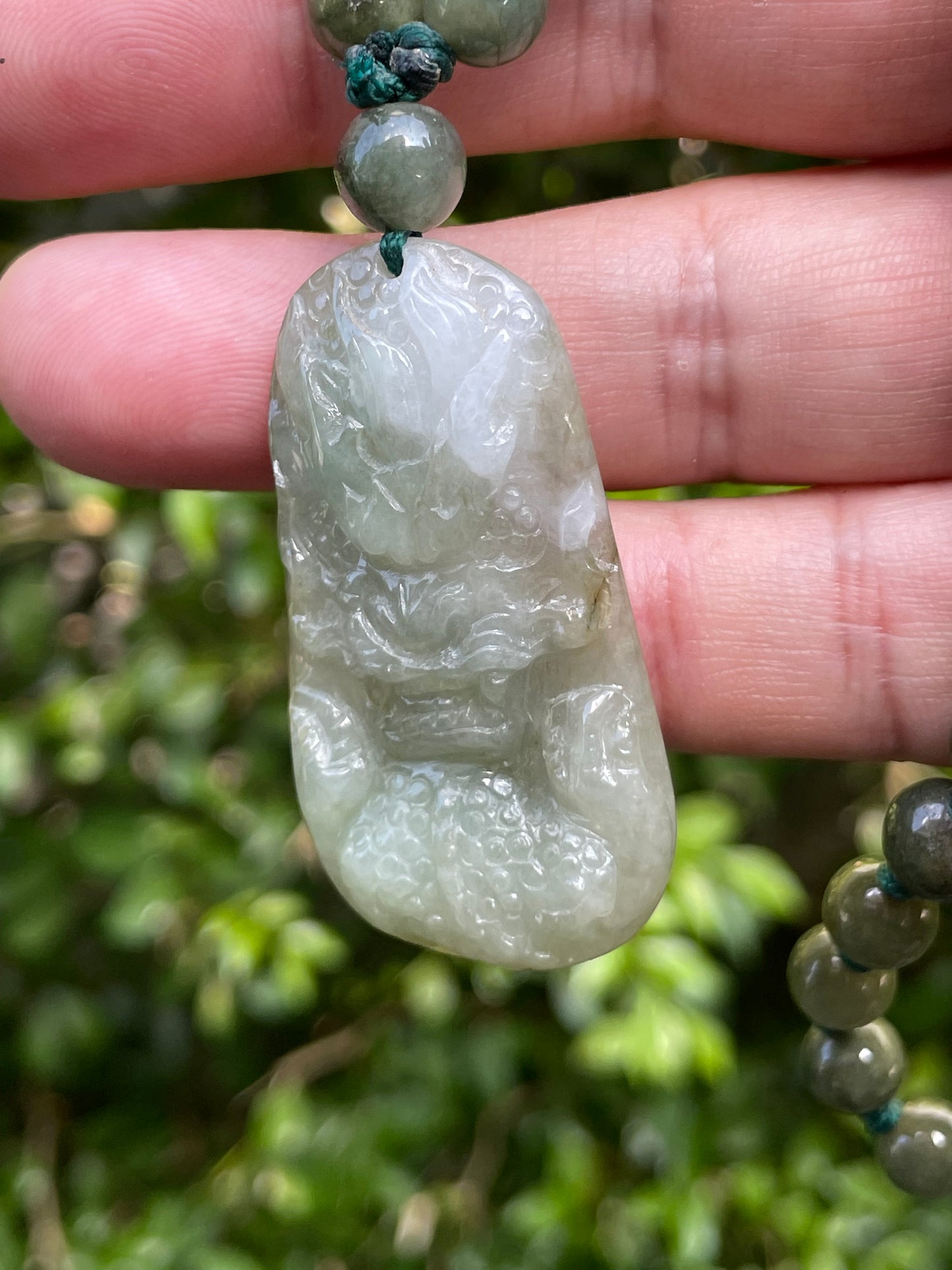 Natural Certified Burmese Jadeite Jade Pendant – Icy Apple Green & Milky White – Hand-Carved Dragon Motif – Beaded Necklace Included – JP068