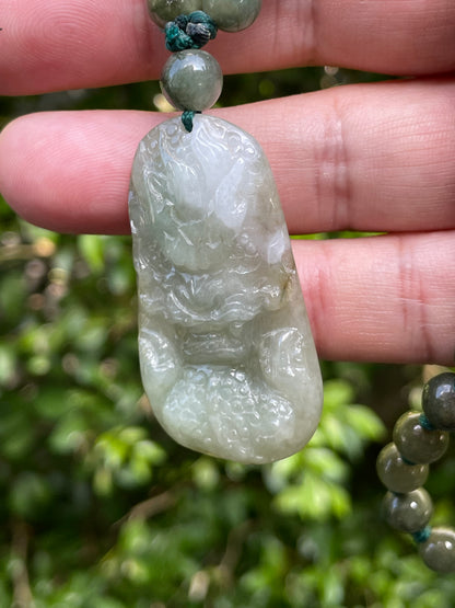 Natural Certified Burmese Jadeite Jade Pendant – Icy Apple Green & Milky White – Hand-Carved Dragon Motif – Beaded Necklace Included – JP068