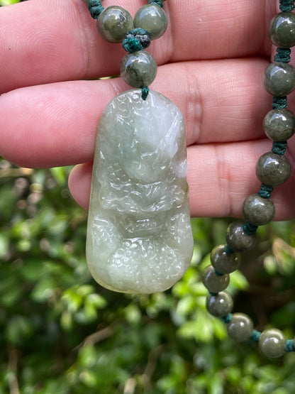 Natural Certified Burmese Jadeite Jade Pendant – Icy Apple Green & Milky White – Hand-Carved Dragon Motif – Beaded Necklace Included – JP068