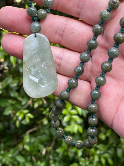 Natural Certified Burmese Jadeite Jade Pendant – Icy Apple Green & Milky White – Hand-Carved Dragon Motif – Beaded Necklace Included – JP068