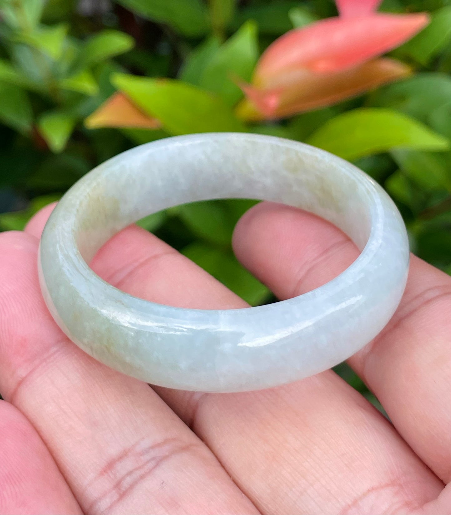 Natural Burmese Jadeite Jade Bangle – Icy Milky White with Greyish & Moss Green Hues – 40.5mm – JB888