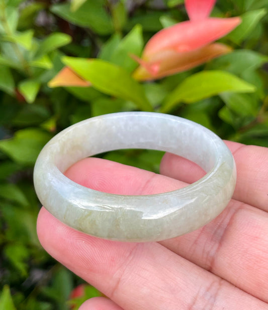 Natural Burmese Jadeite Jade Bangle – Icy Milky White with Greyish & Moss Green Hues – 40.5mm – JB888