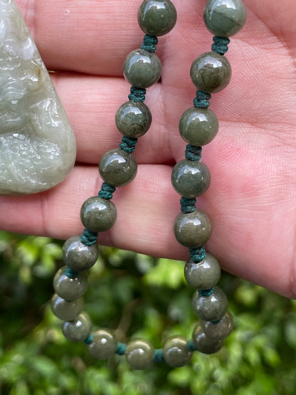 Natural Certified Burmese Jadeite Jade Pendant – Icy Apple Green & Milky White – Hand-Carved Dragon Motif – Beaded Necklace Included – JP068