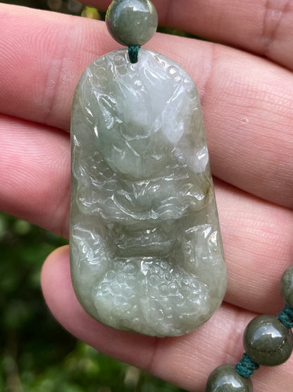 Natural Certified Burmese Jadeite Jade Pendant – Icy Apple Green & Milky White – Hand-Carved Dragon Motif – Beaded Necklace Included – JP068