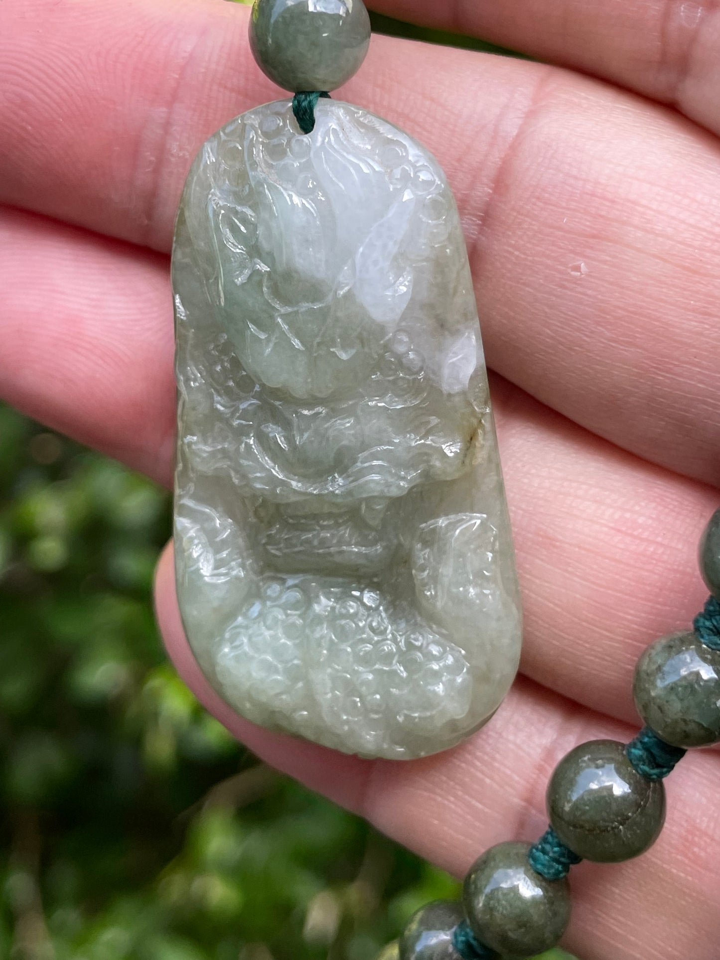 Natural Certified Burmese Jadeite Jade Pendant – Icy Apple Green & Milky White – Hand-Carved Dragon Motif – Beaded Necklace Included – JP068