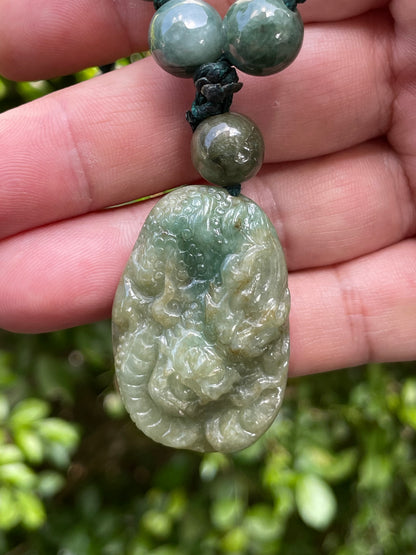 Natural Certified Burmese Jadeite Jade Pendant – Deep Mossy & Emerald Green – Hand-Carved Dragon Motif – Beaded Necklace Included – JP069