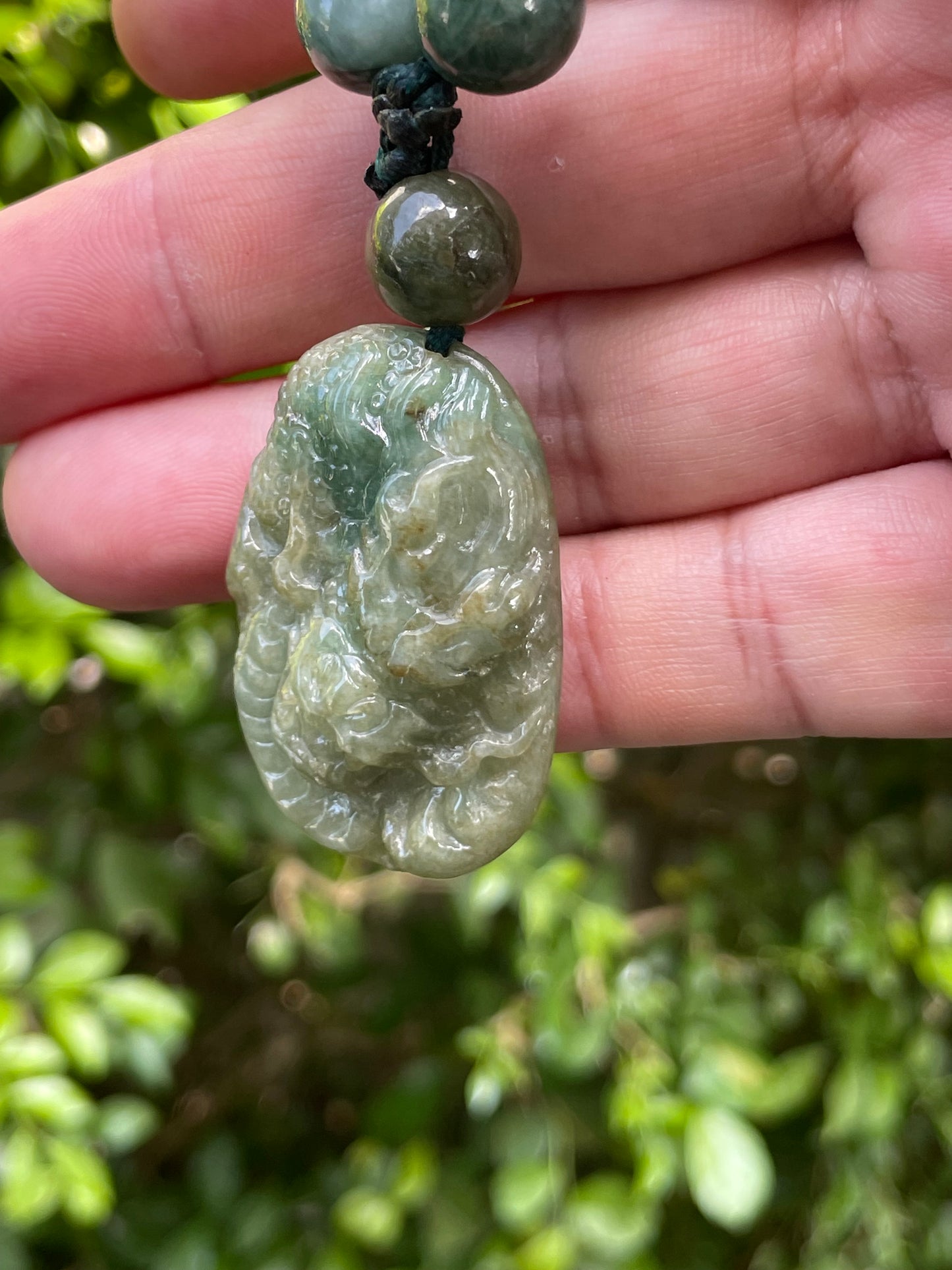 Natural Certified Burmese Jadeite Jade Pendant – Deep Mossy & Emerald Green – Hand-Carved Dragon Motif – Beaded Necklace Included – JP069