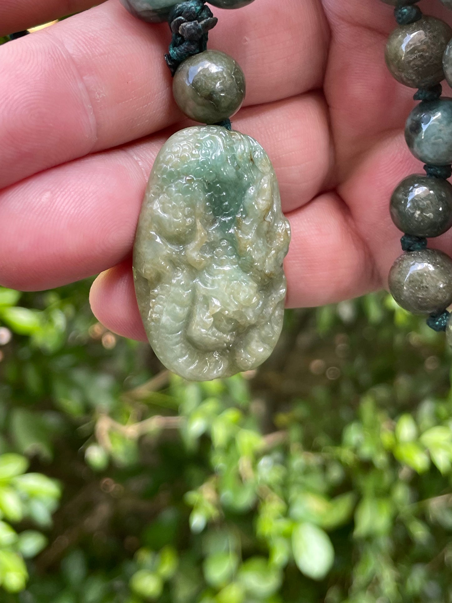 Natural Certified Burmese Jadeite Jade Pendant – Deep Mossy & Emerald Green – Hand-Carved Dragon Motif – Beaded Necklace Included – JP069
