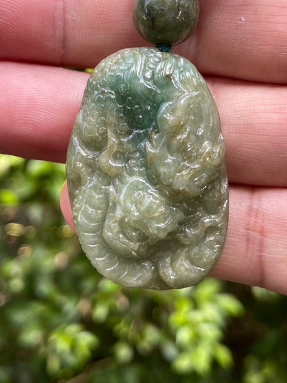 Natural Certified Burmese Jadeite Jade Pendant – Deep Mossy & Emerald Green – Hand-Carved Dragon Motif – Beaded Necklace Included – JP069