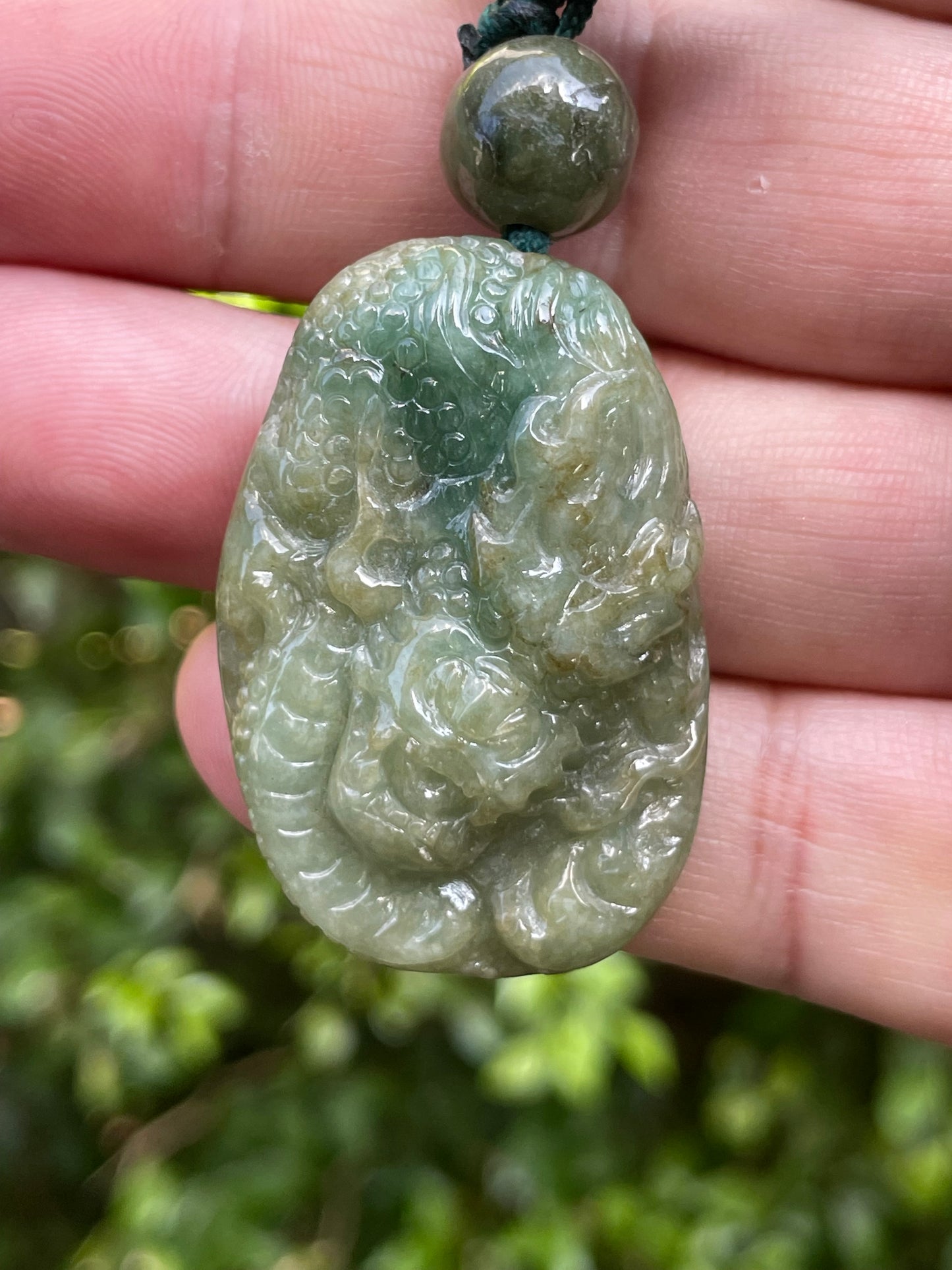 Natural Certified Burmese Jadeite Jade Pendant – Deep Mossy & Emerald Green – Hand-Carved Dragon Motif – Beaded Necklace Included – JP069