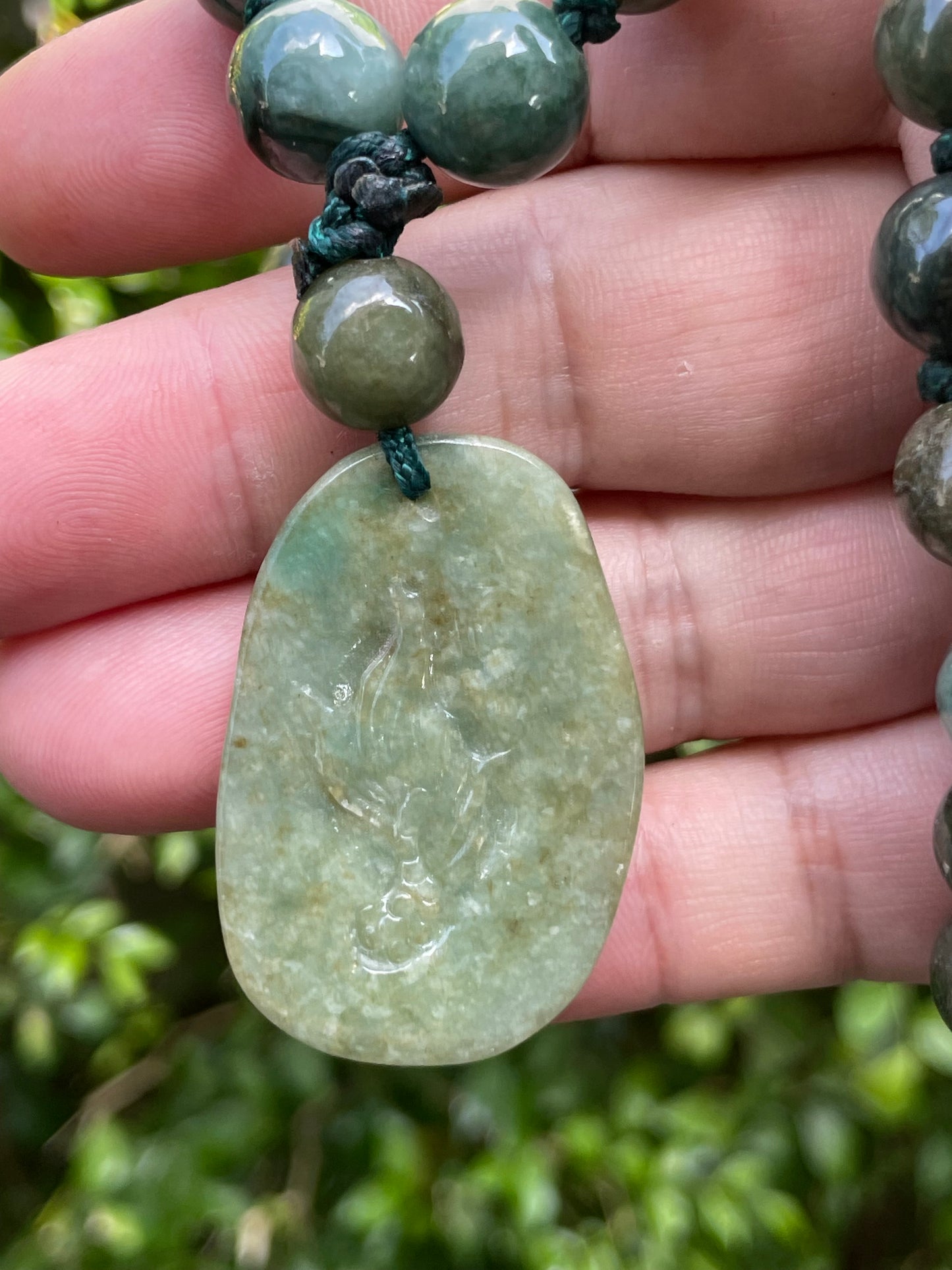 Natural Certified Burmese Jadeite Jade Pendant – Deep Mossy & Emerald Green – Hand-Carved Dragon Motif – Beaded Necklace Included – JP069