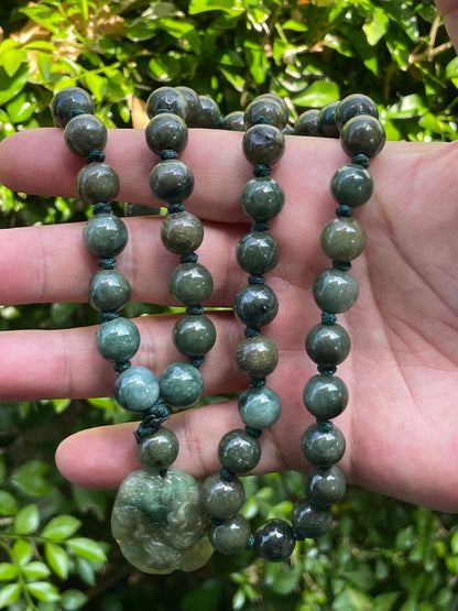 Natural Certified Burmese Jadeite Jade Pendant – Deep Mossy & Emerald Green – Hand-Carved Dragon Motif – Beaded Necklace Included – JP069