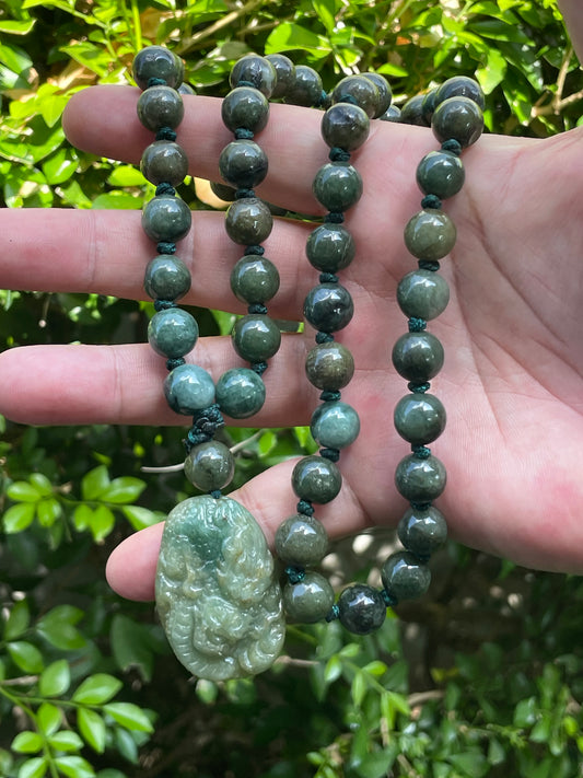 Natural Certified Burmese Jadeite Jade Pendant – Deep Mossy & Emerald Green – Hand-Carved Dragon Motif – Beaded Necklace Included – JP069