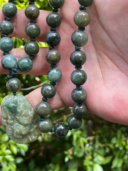 Natural Certified Burmese Jadeite Jade Pendant – Deep Mossy & Emerald Green – Hand-Carved Dragon Motif – Beaded Necklace Included – JP069