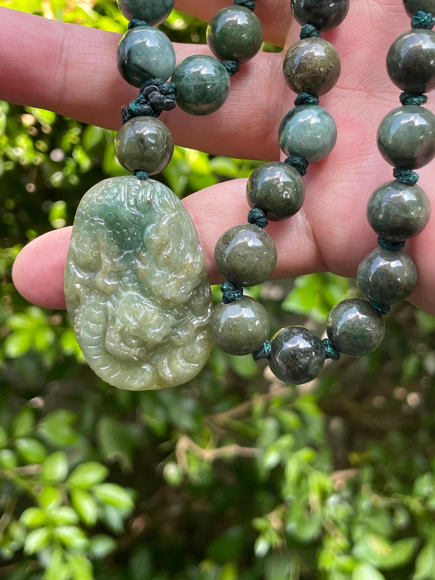 Natural Certified Burmese Jadeite Jade Pendant – Deep Mossy & Emerald Green – Hand-Carved Dragon Motif – Beaded Necklace Included – JP069