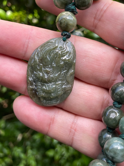 Natural Certified Burmese Jadeite Jade Pendant – Deep Green – Hand-Carved Dragon Motif – Beaded Necklace Included – JP070