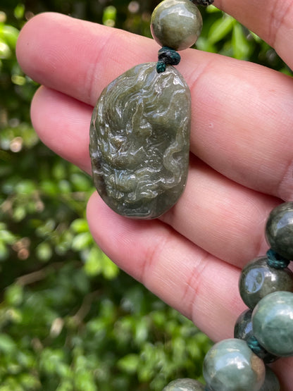 Natural Certified Burmese Jadeite Jade Pendant – Deep Green – Hand-Carved Dragon Motif – Beaded Necklace Included – JP070