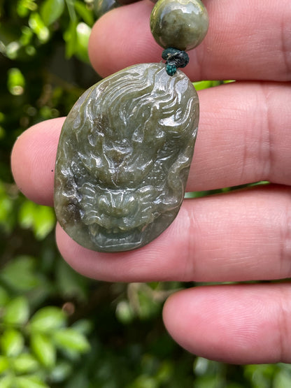 Natural Certified Burmese Jadeite Jade Pendant – Deep Green – Hand-Carved Dragon Motif – Beaded Necklace Included – JP070