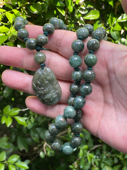 Natural Certified Burmese Jadeite Jade Pendant – Deep Green – Hand-Carved Dragon Motif – Beaded Necklace Included – JP070