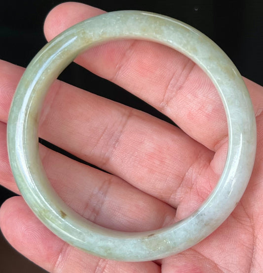 Natural Grade A Burmese Jadeite Jade Bangle – Icy Greyish Milky White and Apple Green with Honey Hues – 56.7mm – JB538
