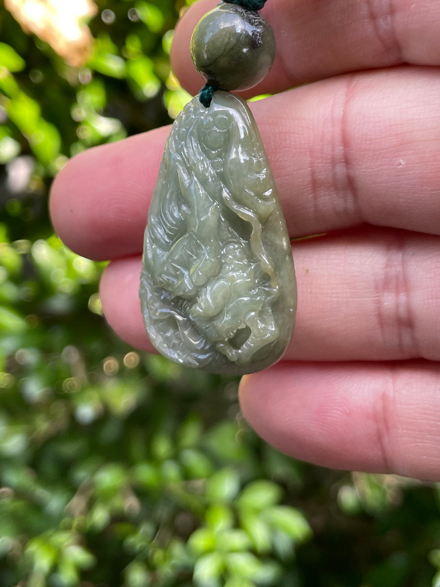 Natural Certified Burmese Jadeite Jade Pendant – Green – Hand-Carved Dragon Motif – Beaded Necklace Included – JP071