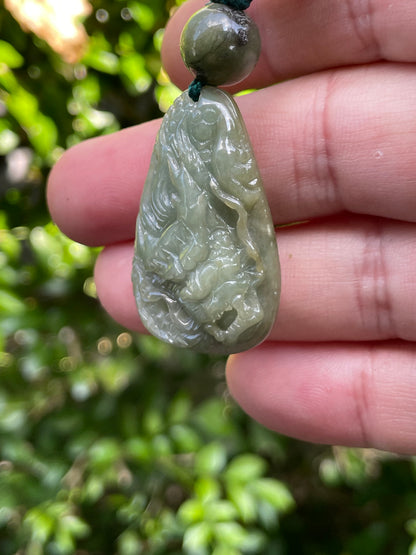 Natural Certified Burmese Jadeite Jade Pendant – Green – Hand-Carved Dragon Motif – Beaded Necklace Included – JP071