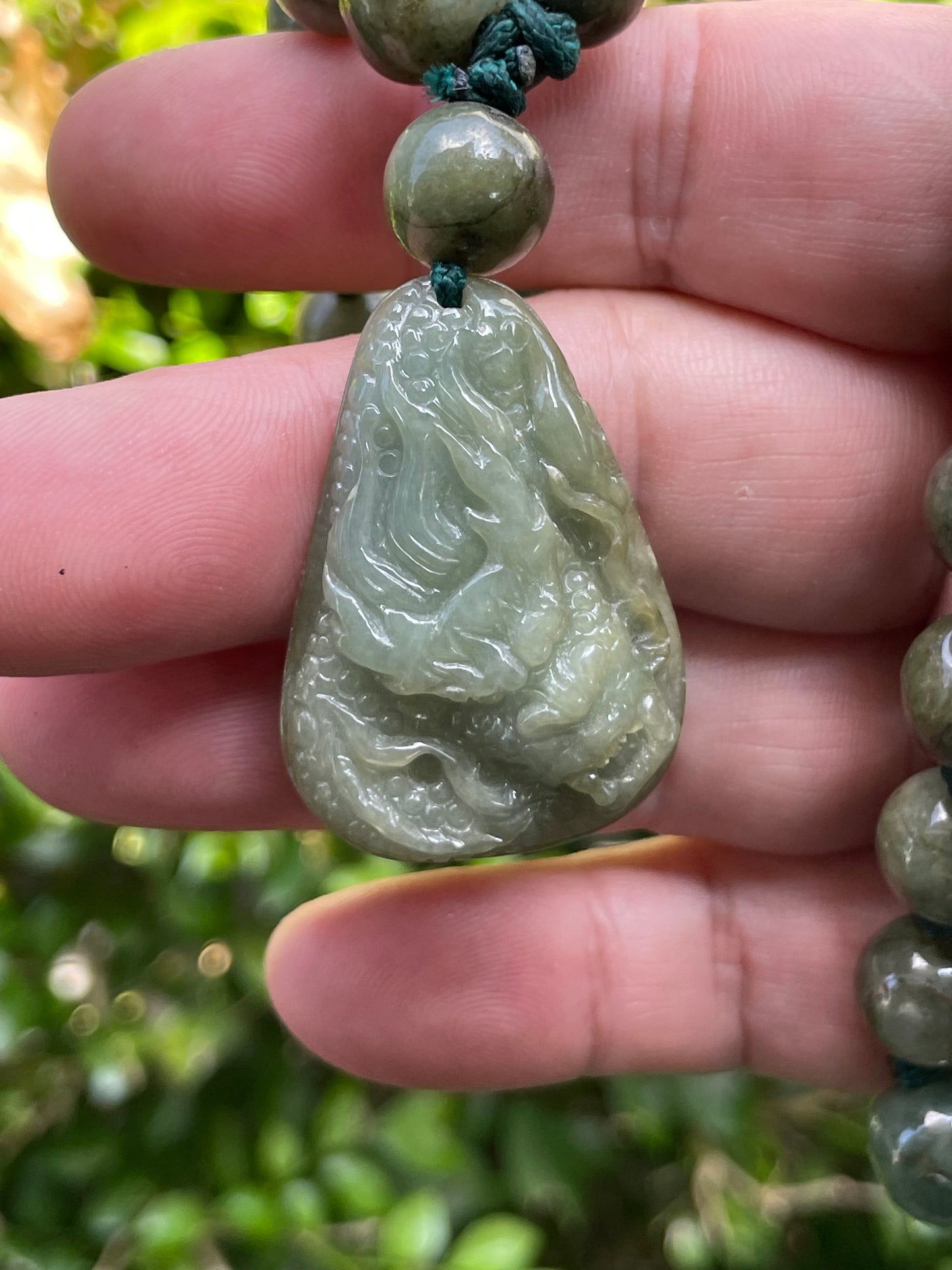 Natural Certified Burmese Jadeite Jade Pendant – Green – Hand-Carved Dragon Motif – Beaded Necklace Included – JP071