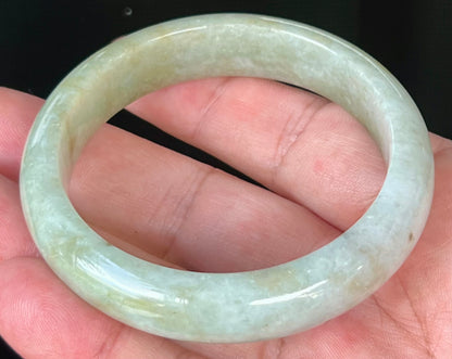 Natural Burmese Jadeite Jade Bangle – Icy Greyish Milky White and Apple Green with Honey Hues – 56.7mm – JB538
