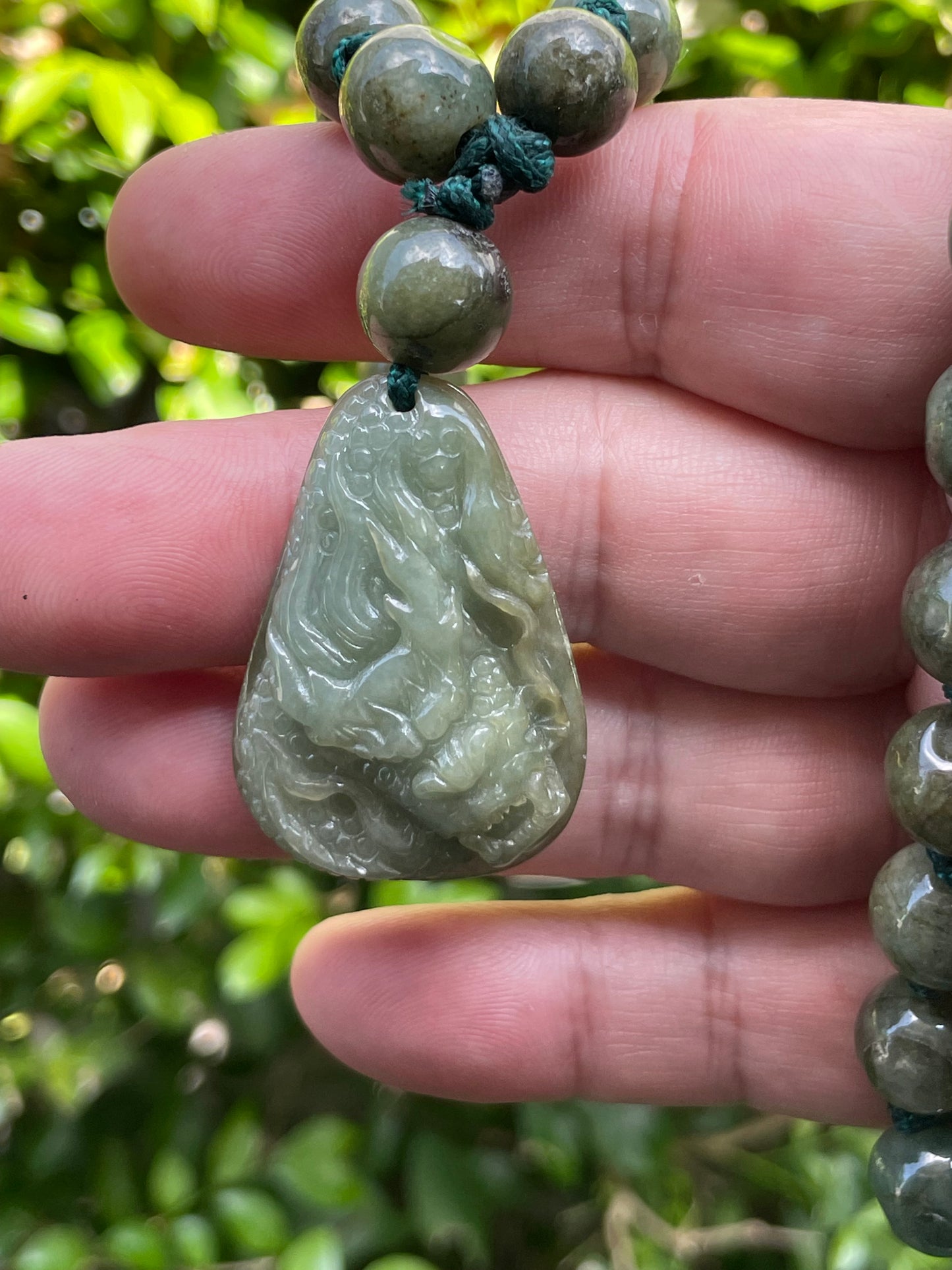 Natural Certified Burmese Jadeite Jade Pendant – Green – Hand-Carved Dragon Motif – Beaded Necklace Included – JP071