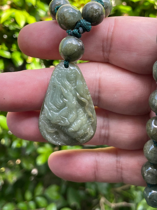 Natural Certified Burmese Jadeite Jade Pendant – Green – Hand-Carved Dragon Motif – Beaded Necklace Included – JP071