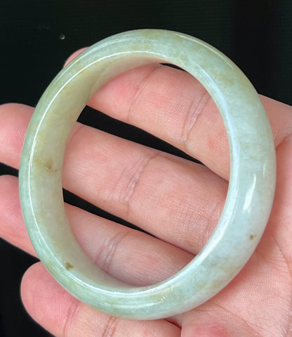 Natural Burmese Jadeite Jade Bangle – Icy Greyish Milky White and Apple Green with Honey Hues – 56.7mm – JB538