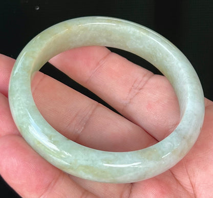 Natural Burmese Jadeite Jade Bangle – Icy Greyish Milky White and Apple Green with Honey Hues – 56.7mm – JB538