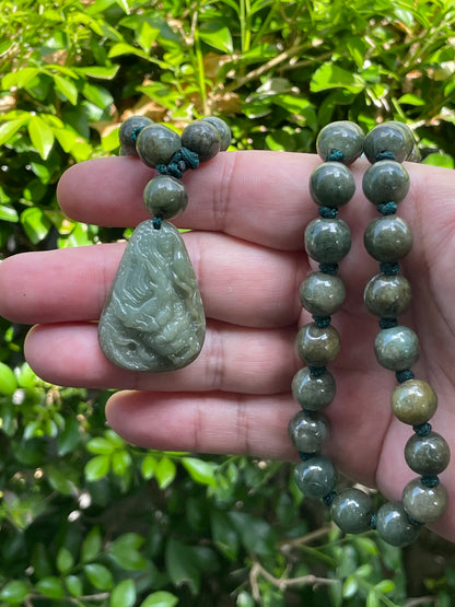 Natural Certified Burmese Jadeite Jade Pendant – Green – Hand-Carved Dragon Motif – Beaded Necklace Included – JP071