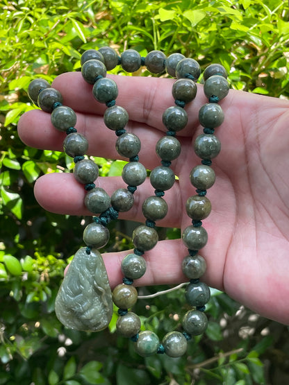 Natural Certified Burmese Jadeite Jade Pendant – Green – Hand-Carved Dragon Motif – Beaded Necklace Included – JP071