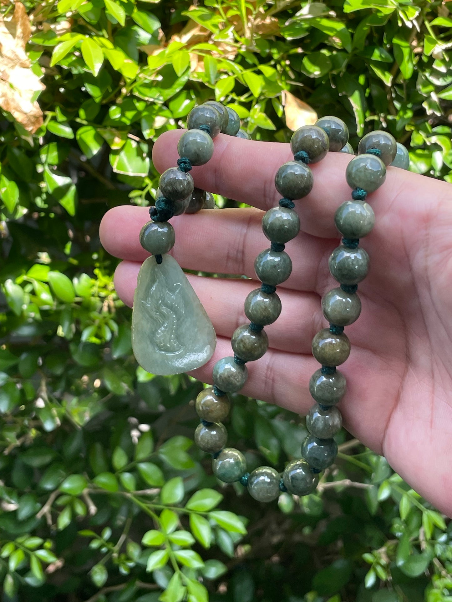 Natural Certified Burmese Jadeite Jade Pendant – Green – Hand-Carved Dragon Motif – Beaded Necklace Included – JP071