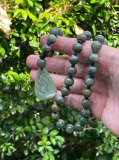 Natural Certified Burmese Jadeite Jade Pendant – Green – Hand-Carved Dragon Motif – Beaded Necklace Included – JP071