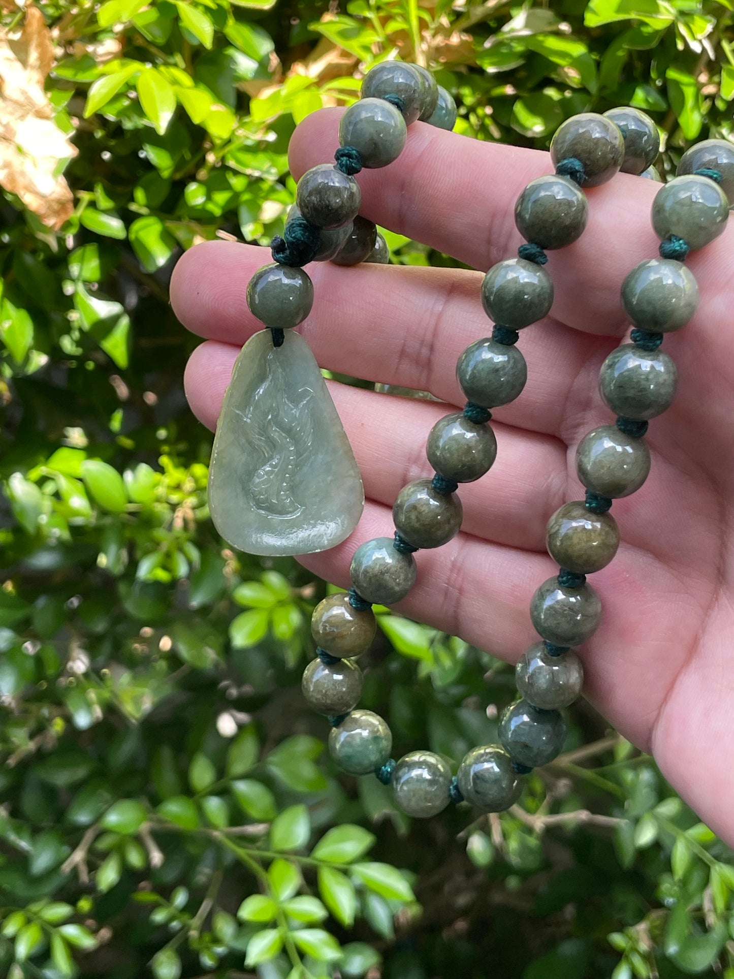 Natural Certified Burmese Jadeite Jade Pendant – Green – Hand-Carved Dragon Motif – Beaded Necklace Included – JP071