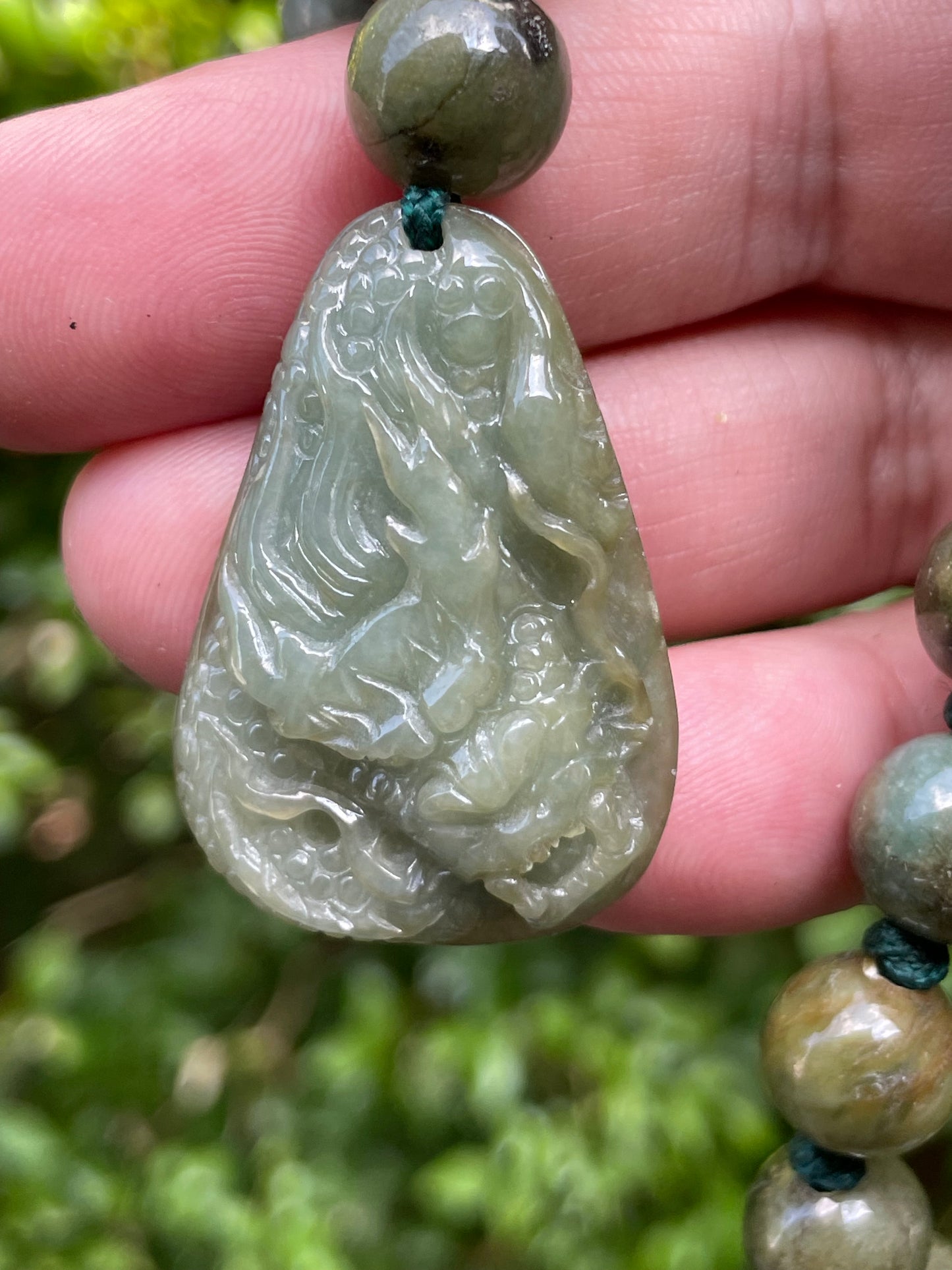 Natural Certified Burmese Jadeite Jade Pendant – Green – Hand-Carved Dragon Motif – Beaded Necklace Included – JP071