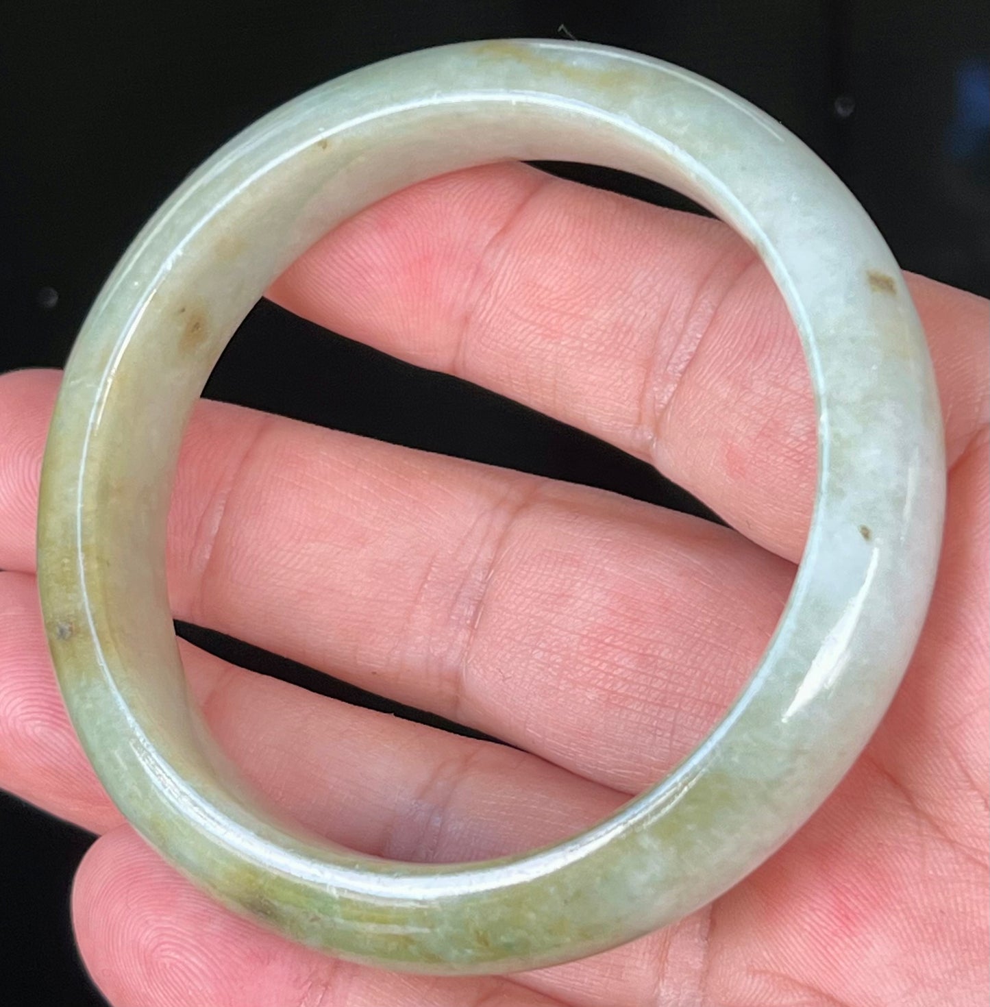 Natural Burmese Jadeite Jade Bangle – Icy Greyish Milky White and Apple Green with Honey Hues – 56.7mm – JB538