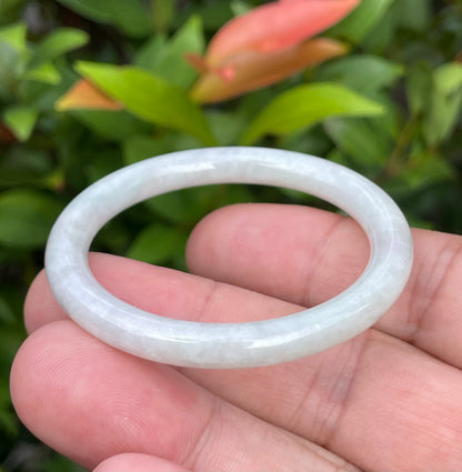 Natural Burmese Jadeite Jade Bangle – Icy Milky White with Apple Green Hues – Princess Cut – 43mm – JB891